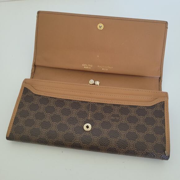 Celine Vintage Envelope Leather Large Wallet Macadam Brown Kisslock Long Logo - Picture 3 of 10